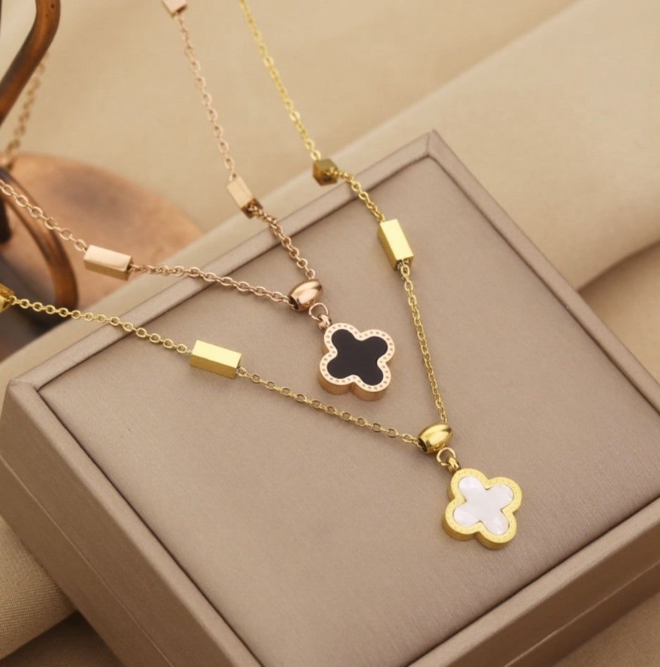 Four Leaf Black and White Necklace